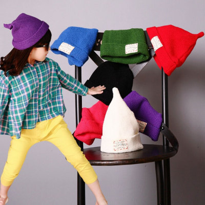 Korea sharp corners solid color wool hat child label head Hat
