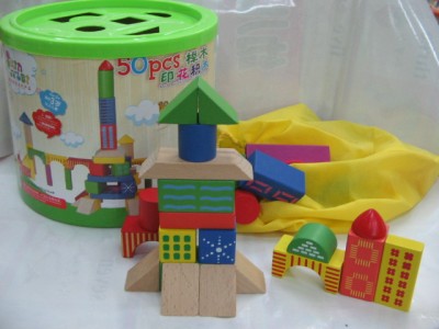 Wooden children's toys education puzzle 50 grain printing drum building blocks