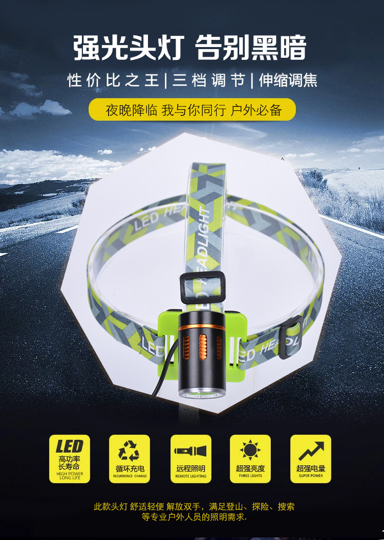 厂家直销8075T6 源头灯伸缩变焦钓鱼灯户外头灯强光充电