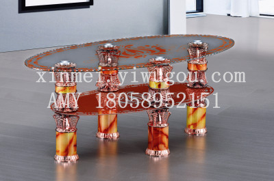 Factory direct oval tempered glass tea table aluminum alloy leg glass table