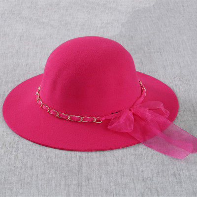 Parent-Child Chain Ribbon Bowknot Wide Brim Hat Autumn and Winter Woolen round Cap Hat