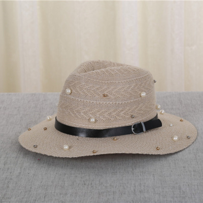 Acrylic plate pearl buckle hat and Knitted Warm jazz hat
