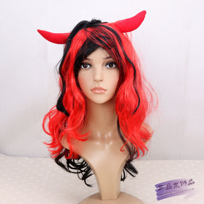 Harajuku Girls Club wig long curly hair tone blackred devil horn ball caps