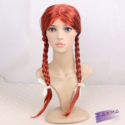 Girls Hemp flowers braided straight long hair long hair wig female double pigtail wig whole set