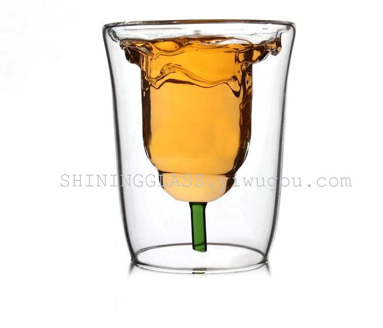 创意双层烈酒白酒鸡尾酒杯 红酒双层玫瑰花玻璃杯 