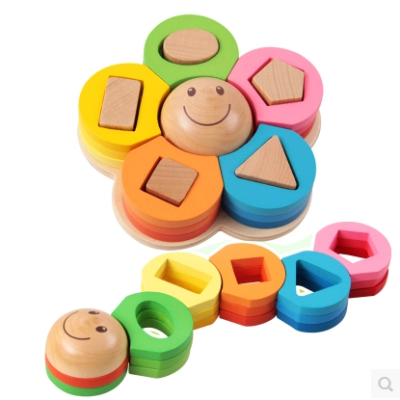 The Children wooden puzzle shape column color geometric shape cognitive board flower caterpillar sleeve column