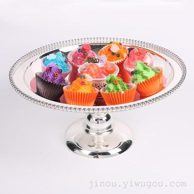 A tall circular metal bead point plate of cake plate of food dish water fruit Hotel 36CM base