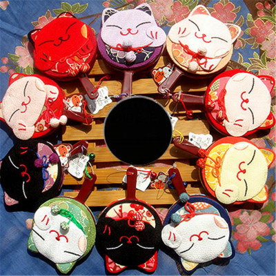 Le meow Japanese and wind cloth arts and crafts fortune cat single cat mirror portable handle makeup mirror small gifts