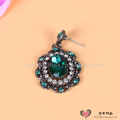 Vintage green gem diamond alloy inlaid big earrings female