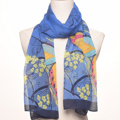 Sun protection lady's air conditioning cape butterfly printed long chiffon silk scarf beach towel.
