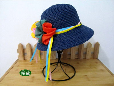 Large color ribbon flower pots hat straw hat lady travel