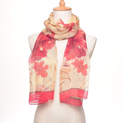 Silk scarf, long print, a combination of suntan scarf and shawl.