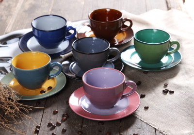 European style coffee cups of cappuccino Italian ceramic color Mocha Lahua English