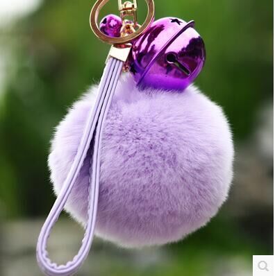 Creative Gift Car Key Ring Women's Bag Pendant Plush Cute Bell Rabbit Fur Ball Leather Rope Key Ring Jewelry
