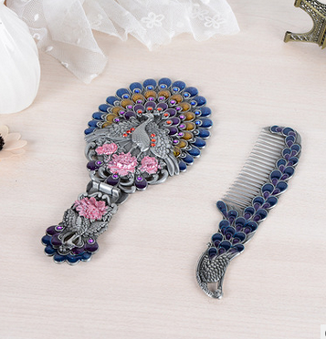 优雅便携彩绘镶钻手柄折叠台式镜 梳镜套装精美公主化妆镜