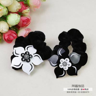 Korean New Hair Accessories Acrylic Black and White Small Flower Head Rope Hair Ring Hair Accessories