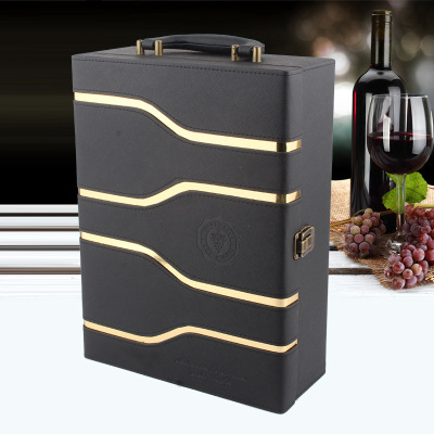 Red Wine Package Box with Wine Set Red Wine Gift Box Factory Direct Sales Black 4 Golden Edge Double Wine Leather Box Wine Box