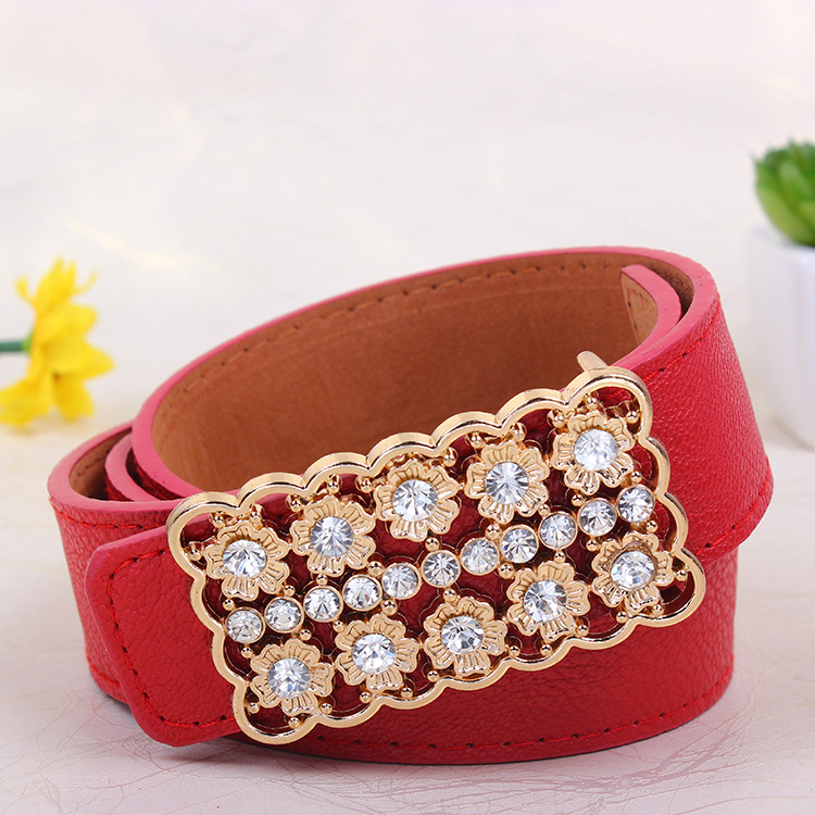 女士 水钻镂空花朵 平滑扣宽腰带皮带