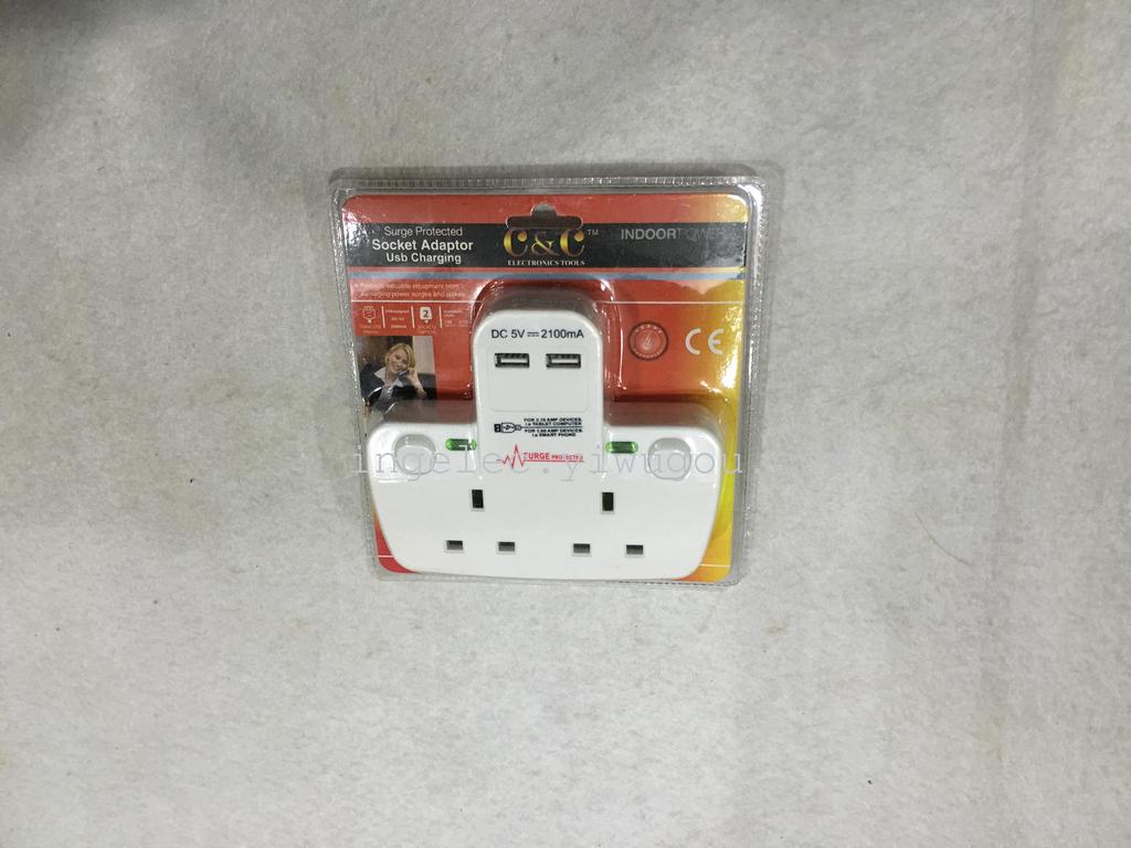 热销 英式安全保护2USB 双联带开关电源插座 接线板 排插