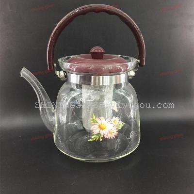 Glass pot with print, glass teapot  plastic handle big volume with plastic lid