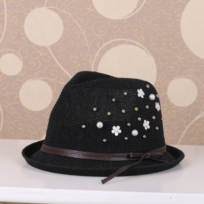 New Women's Pearl Rhinestone Hollow-out Straw Hat Top Hat 2016 Fashion Hat