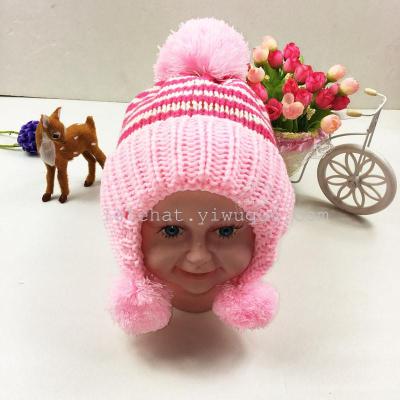 Selling children's hat color stripe knitting ear cap and velvet warm hat