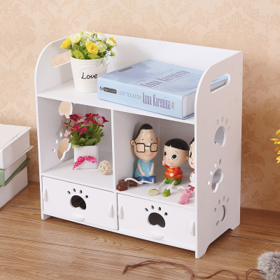 Wooden plastic board on the table with furniture rack bedroom and white decorative flower makeup box