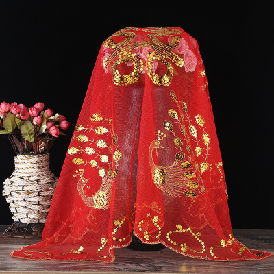Factory Supply Wedding Bride Peacock Sequins Wedding Essential Big Double Xi Character Red Veil