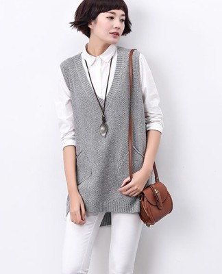 The new V collar vest vest knitted backing without long sleeve sweater shirt pocket in Korean