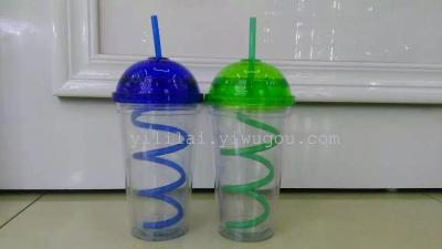 Plastic double-layer water cup commercial cup bun covers elbow cup Korean fashion juice drink straw cup