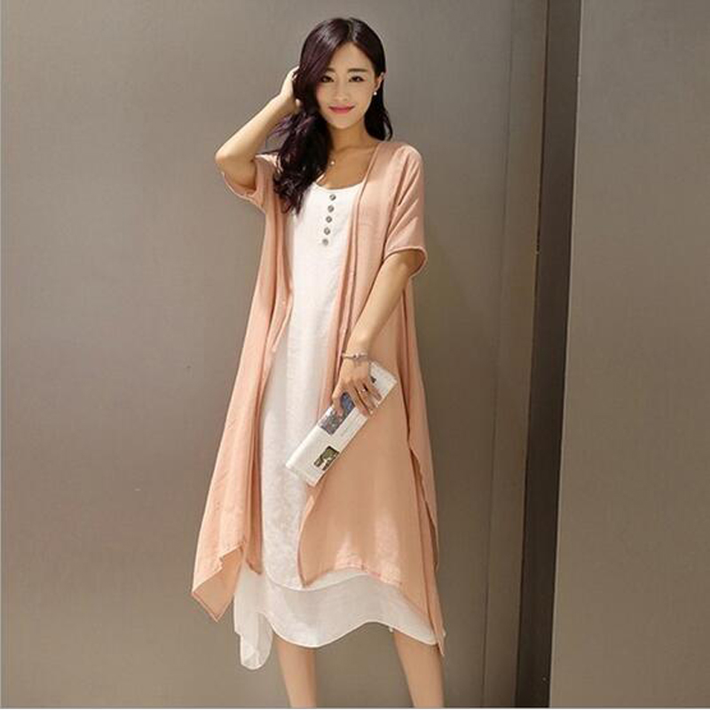 夏大码女装休闲长裙亚麻连衣裙文艺两件套套装