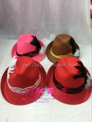 Non-Woven Lace Top Hat Red Rose Red Coffee