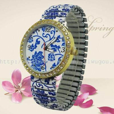 Spring elastic belt printing alloy watchband ladies watch watches