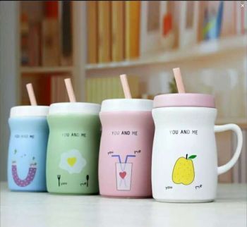Creative ceramics Straw cup lovers cup with cup of tea pudding cup cover office Holiday Gift Mug