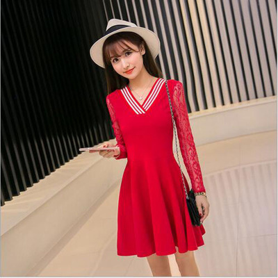 Autumn and winter new Korean all-match lace collar stitching V slim long sleeved dress
