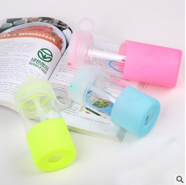 Portable glass cup with creative students Straw cover candy color silica gel cup bottle moving vehicle