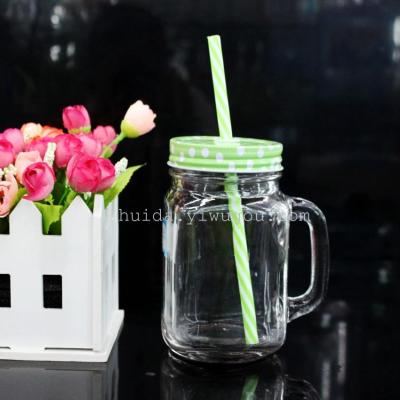 Manufacturer direct printing candy colored Mason glass with lid Rooster cup fruit juice drink