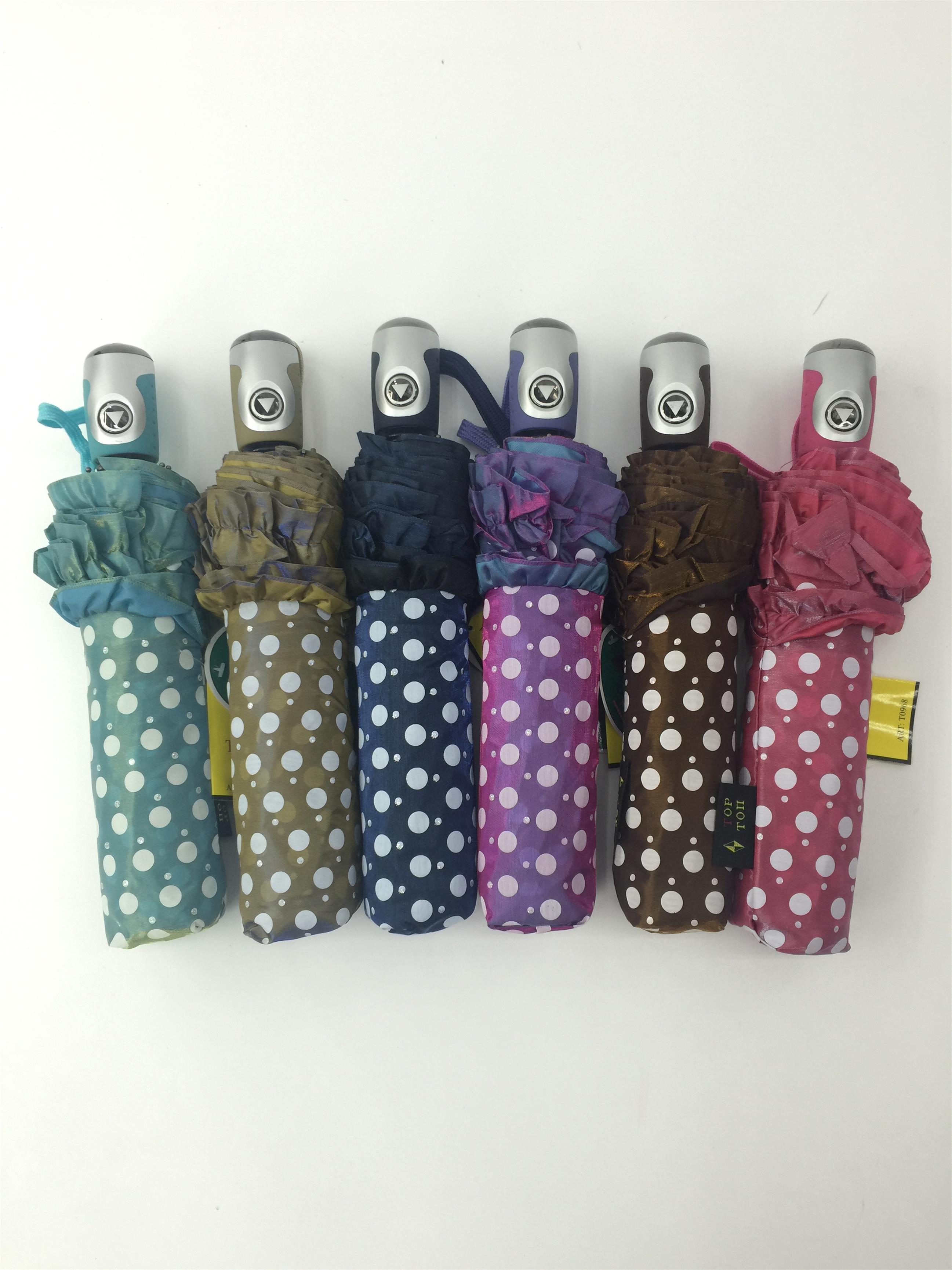 变色龙 时尚波点花边10K三折半自动 晴雨伞