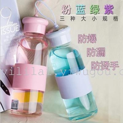 玻璃杯 高硼硅玻璃水杯 经典硅胶提绳玻璃杯便携创意玻璃水杯子