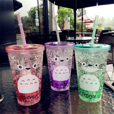 Summer Ice Glass Double-Layer Cartoon Plastic Cup Cup with Straw Handy Creative Cup Juice Plastic Cup 450ml