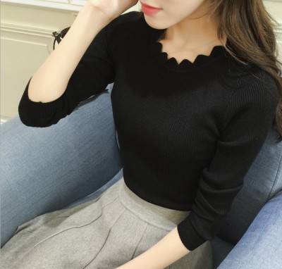 New Women's Slim Bottoming Sweater Lacework round-Neck Solid Color Pullover Long Sleeve Lightweight Sweater