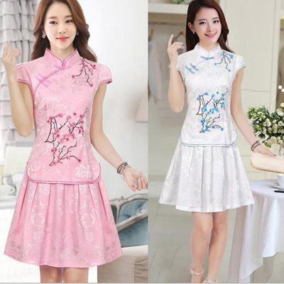 Women's cheongsam suit new girl pink suit dress cheongsam collar stamp