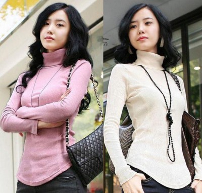 Korean women's long sleeved Turtleneck Shirt ribbed cotton t-shirt female solid grounding