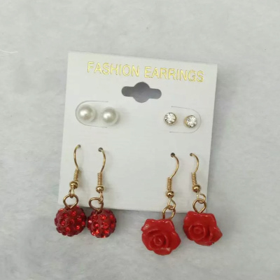 South Korea Rhinestone Earrings with red flowers all-match female