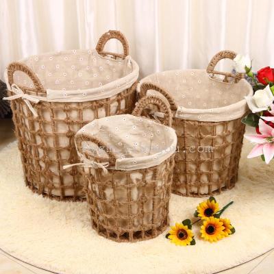 Vintage natural double plain woven hemp rope drum dirty laundry basket three pieces.