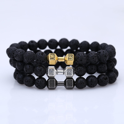 Natural matte black volcano lava stone hand dumbbell String Bead Stretch Bracelet Black men and women