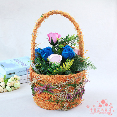 Straw flower basket flowerpot simulation flowerpot household ornaments pure hand woven flowers flower basket.