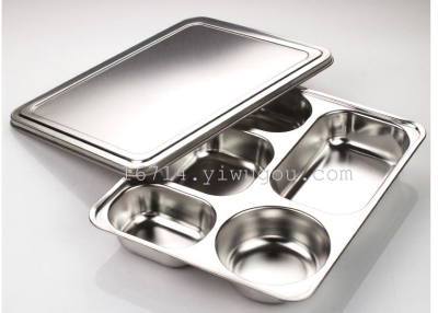 304 Stainless Steel Snack Plate Fast Food Box Lunch Box Delivery Fast Food Plate Large Four Grids with Lid Deepening Stu