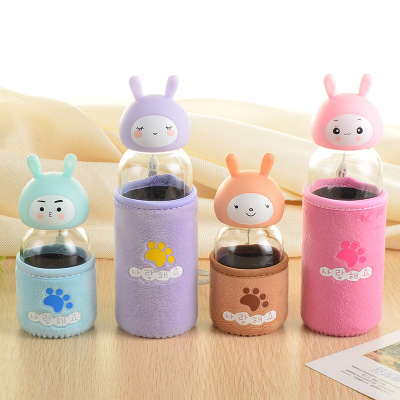 Adorable Bunny cartoon cup glass thermal portable hand warmer cup lady lovely student leakproof cup