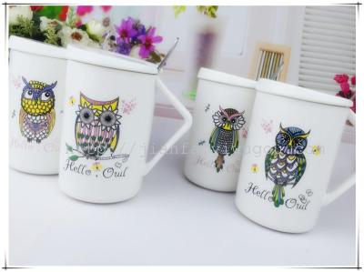 Creative ceramic cup with lid with spoon Matt owl cup